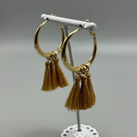 Fashion Jewelry Jewelry - 3/$30 Hoop Earrings Gold Dangle Fringe Tassels Pierced Textured Metal Boho 2"